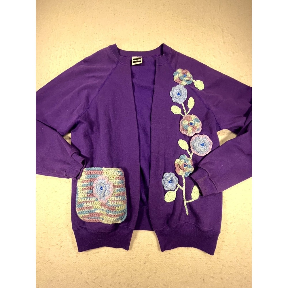 VTG Tultex Crochet Cardigan Sweater Womens Large Purple Floral Embroidered Knit